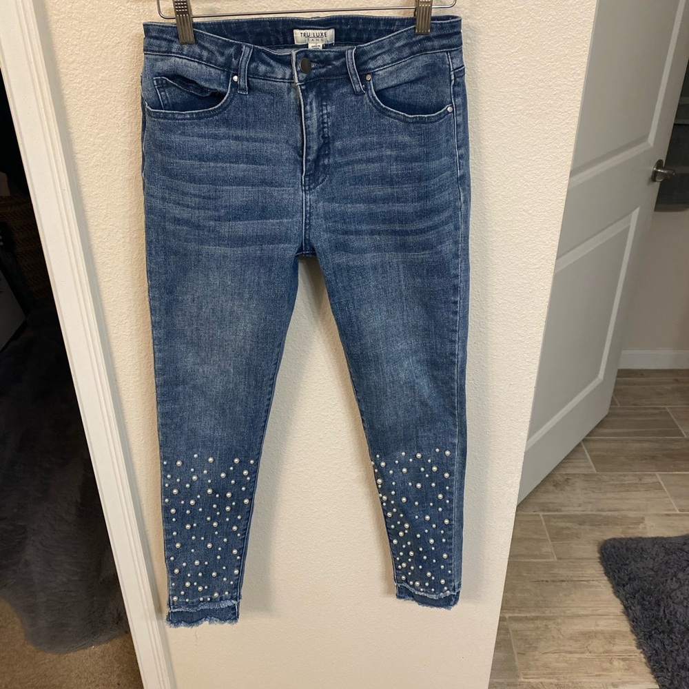 Treasure & Bond Blue Skinny Jeans with Pearl Details